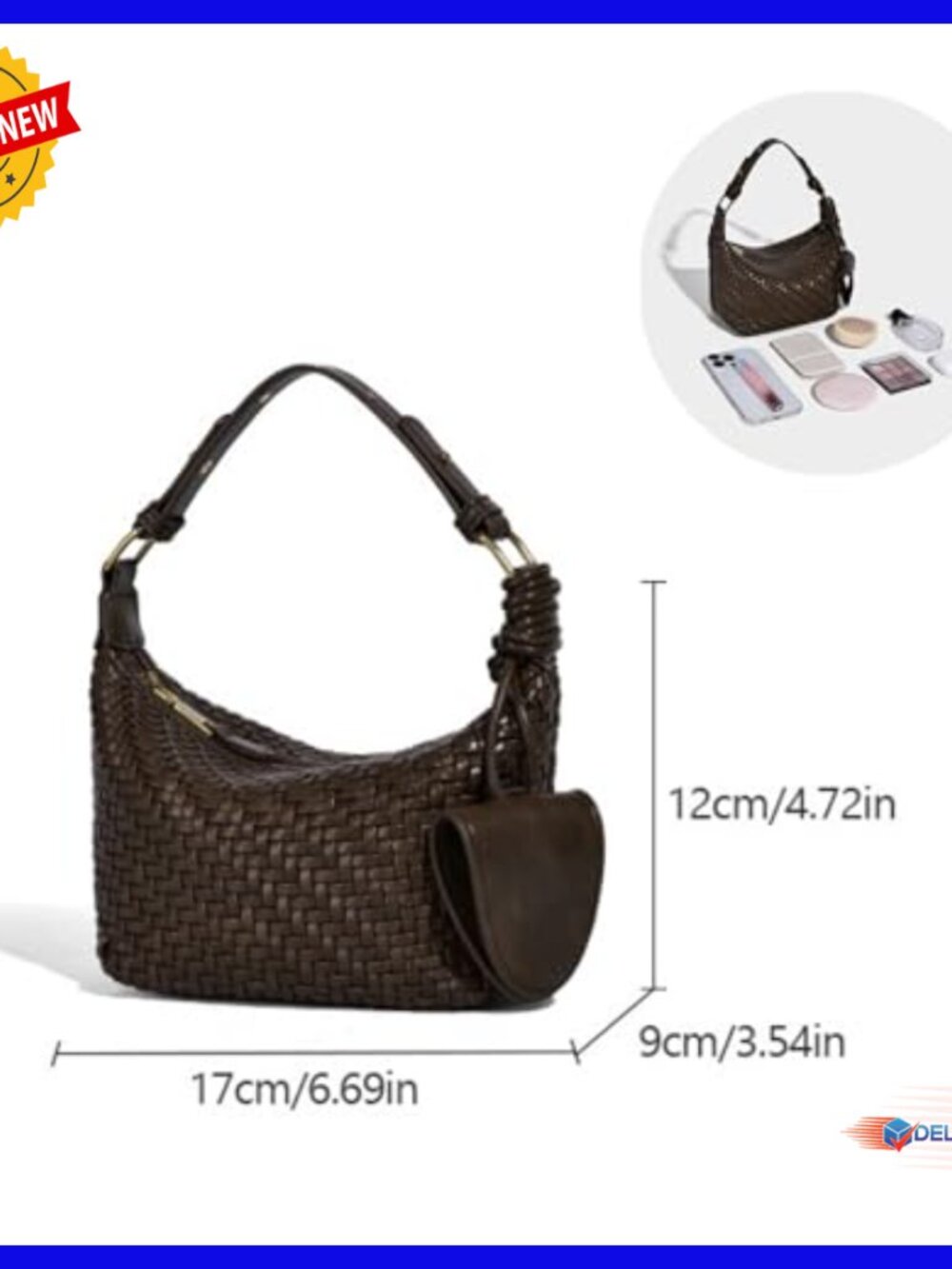 Handwoven Leather Hobo Crossbody Bag, Adjustable Strap, Zippered Compartment - Picture 4 of 6